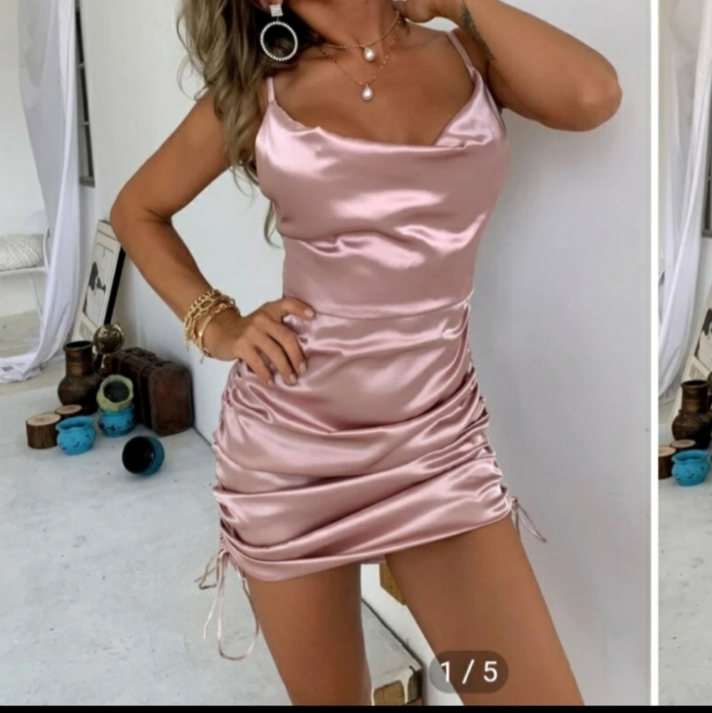 Shein Satin pink drawstring ruched dress NWOT (M)